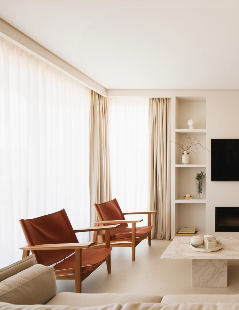INTERIORISMO FUENGIROLA Salón moderno con sillas de madera, mesa de centro y estantería, con luz natural abundante.