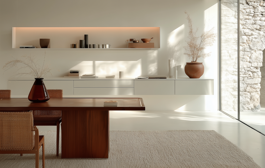 INTERIORISMO BENALMADENA Mesa de madera con sillas, decoración minimalista y luz suave en un espacio moderno.